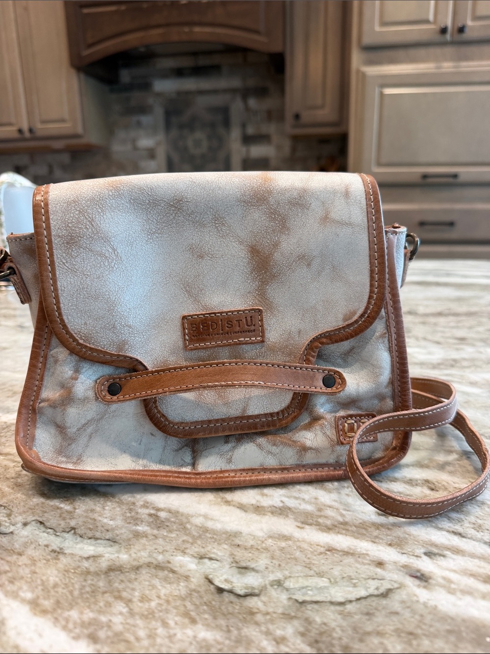 BED|STU Cream and Tan Marbled Leather Crossbody